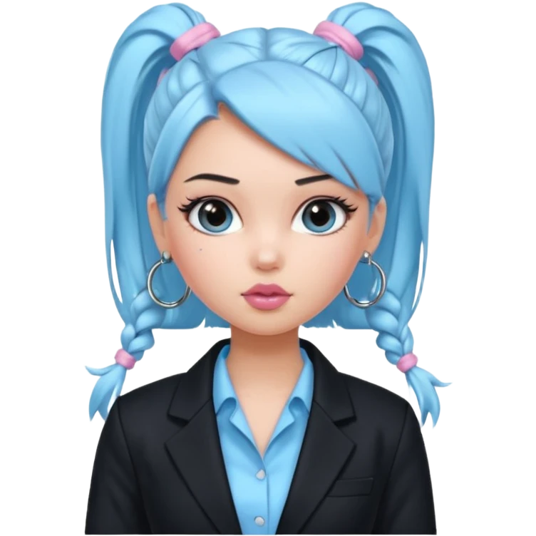 generate a pretty bratz girl wearing a light blue full sleeve shirt and a black blazer over it. silver small hoops, pink lipgloss. black hair tied up in a ponytail emoji