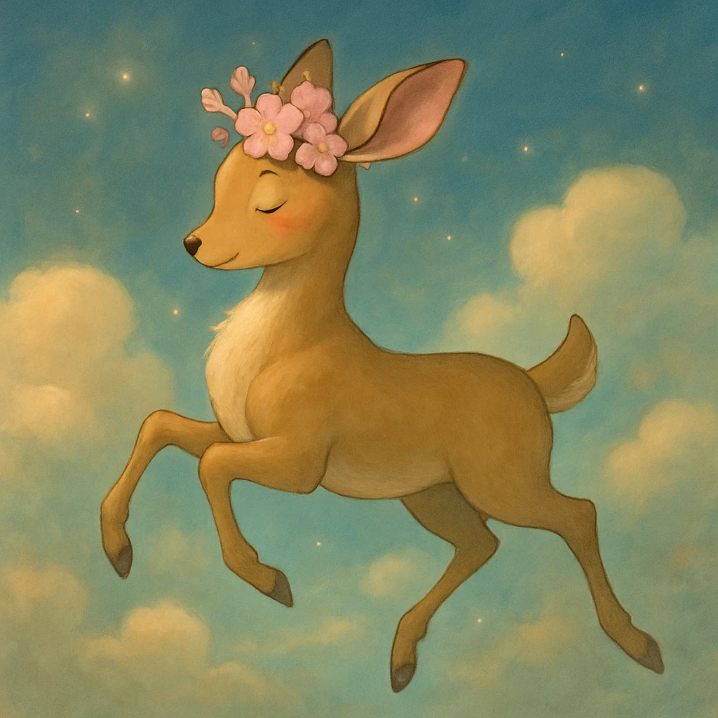 Enhance this feminine adult vanilla cloud doe with rosy cheeks and cherry flowers, floating gracefully in a dreamy Ghibli-Pixar style. Make the colors richer, the lines softer, and the cherry flowers more detailed. Add a touch of magical glow and elegance, keeping the overall look whimsical and refined. emoji