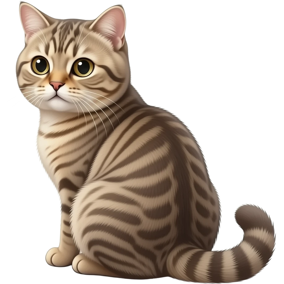Realistic beautiful pretty straight-sitting cute Scottish Fold cat, with folded ears, back facing to the left, facing the viewer emoji
