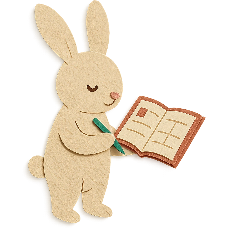 flawless, highly detailed, high quality paper craft style illustration of a cream-colored bunny standing and writing in a planner, perfect proportions, no imperfections, intricate textures, soft lighting, delicate cut-paper details emoji