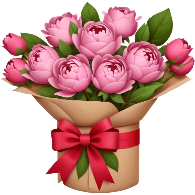 Bouquet of pink flower like rose and peony wrapped in kraft paper with red bow emoji