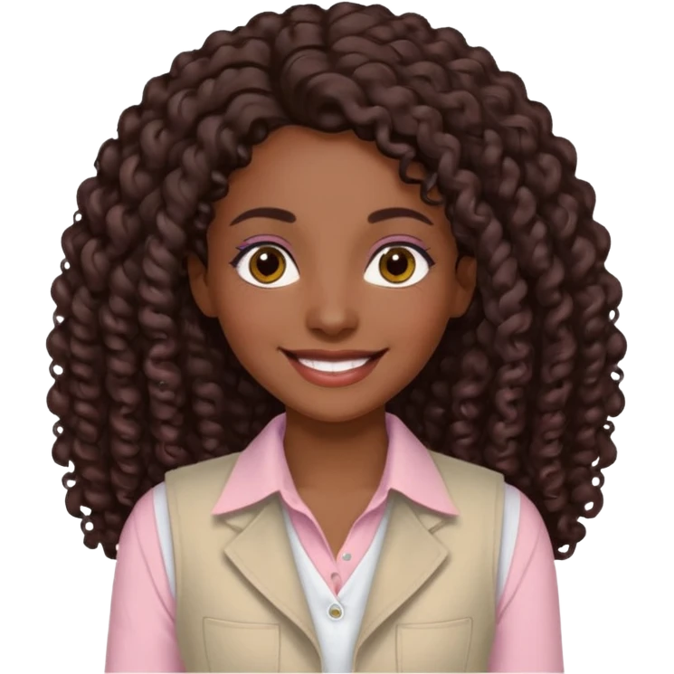 mujer morena, pelo rizado largo, sonriendo, con ojos grandes y marrones con camisa rosa palo y un chaleco blanco emoji