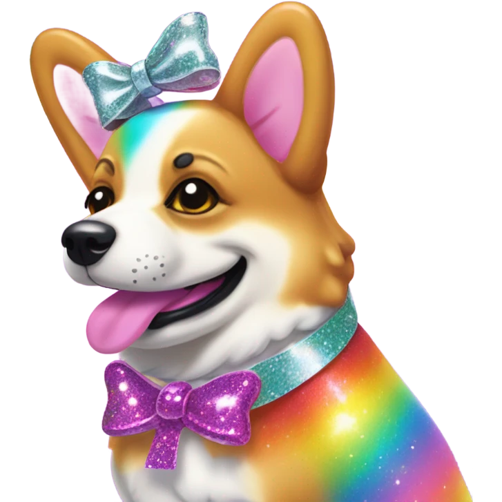 Lisa frank rainbow glitter corgi with ribbon bow on head emoji