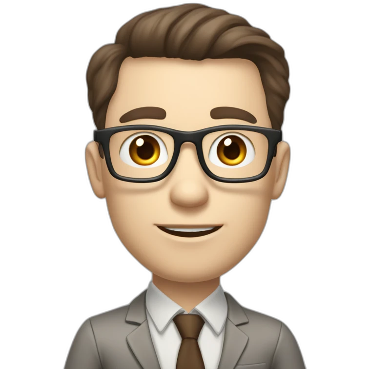 Pale skinned fit man with dark brown hair in gray jacket, beige office shirt, brown tie, brown pants and vintage glasses Writing text on the flipchart emoji