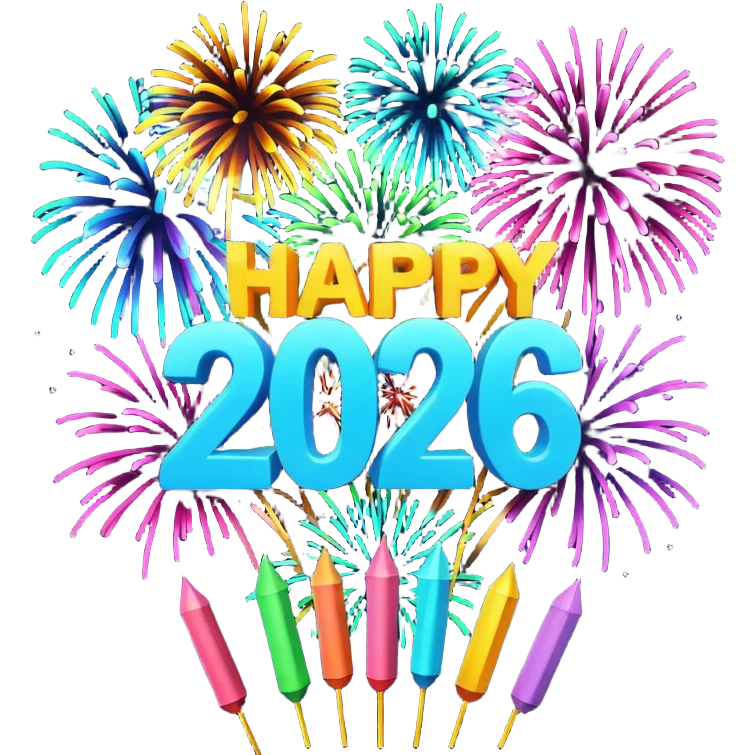 "Happy New Year 2026" in backdrop of colourful fireworks in 3d outline emoji
