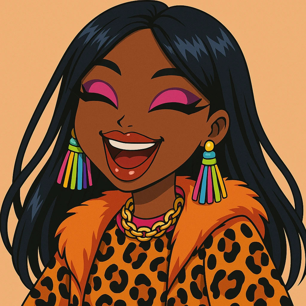Change her expression to happy, keep her as a 20-year-old anime Bratz style woman with dark skin, dark hair, bold colorful fashion-forward look, big expressive eyes, and glossy lips. No tears. Maintain the anime Bratz style look. emoji