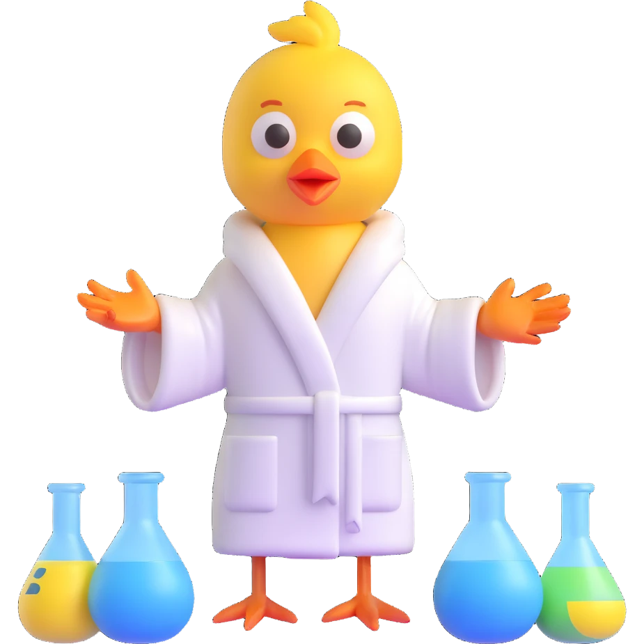 3D style cartoon chick in a bathrobe holding chemical flasks and tubes emoji