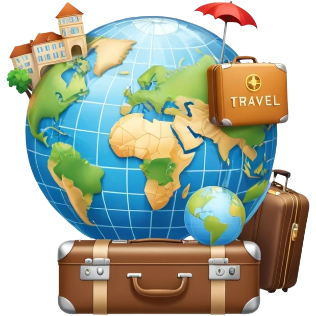 An icon featuring a suitcase, a hotel building, and a globe, symbolizing tourism and hospitality. The design includes a map with a marked destination and a key, representing travel and accommodation. Transparent background highlights the exploration and services of the hospitality industry. emoji