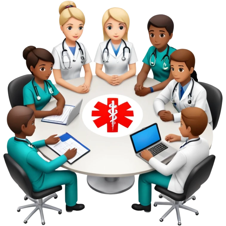 Group of medical professionals sitting around a table in a meeting, with emergency medical symbols emoji