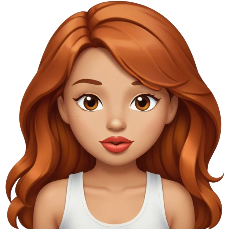 Girl with long brown copper hair, brow eyes, light tan skin, with a white fancy tank top-with pucker big lips, and winking emoji