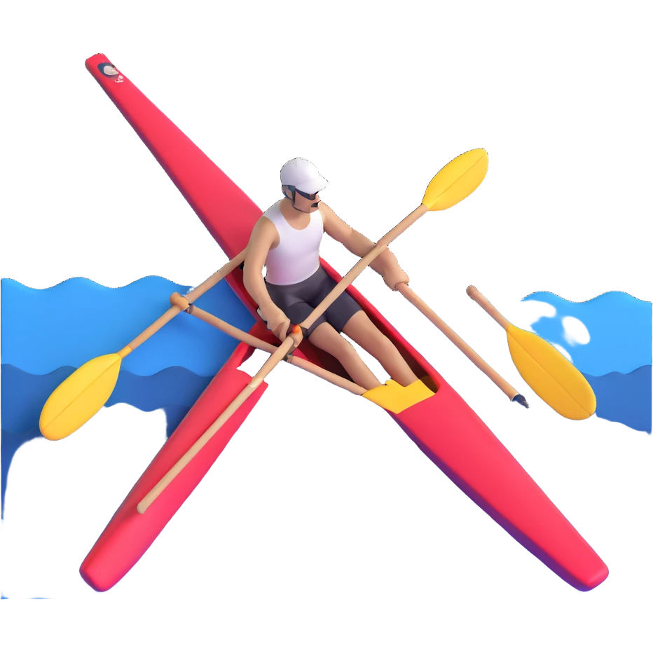 single-person Olympic rowing boat with professional racing style, with rower, maximum 2 oars, bird's-eye view, minimal sea effect with rounded corners emoji