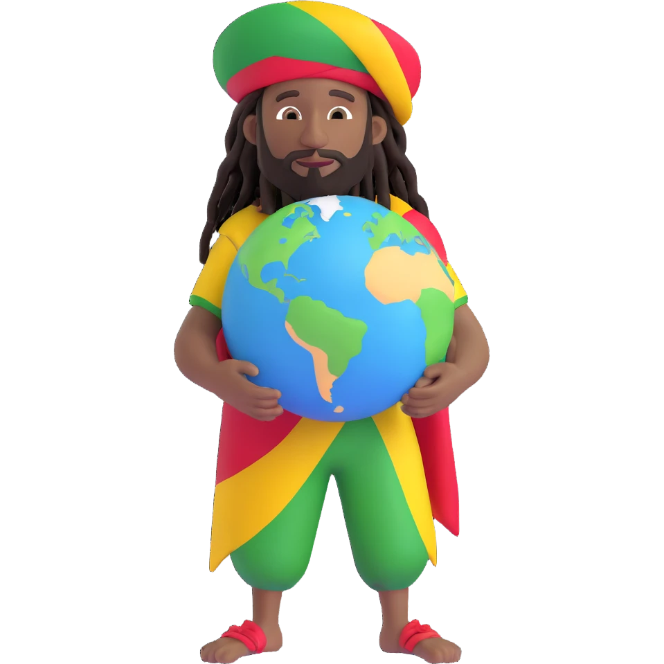 A rasta man bigging up di whole world 🌍🔥🤲🏾, reggae vibes 🎶, love and unity ✨💛💚❤️, every nation stand strong 🇯🇲 holding a the world in his hand emoji