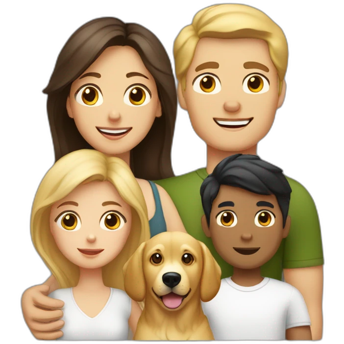 white family of mom with blonde hair, dad with dark hair, 1 boy child with blonde hair, 1 girl child with dark hair, 1 boy child with dark hair, and 2 golden retrievers emoji