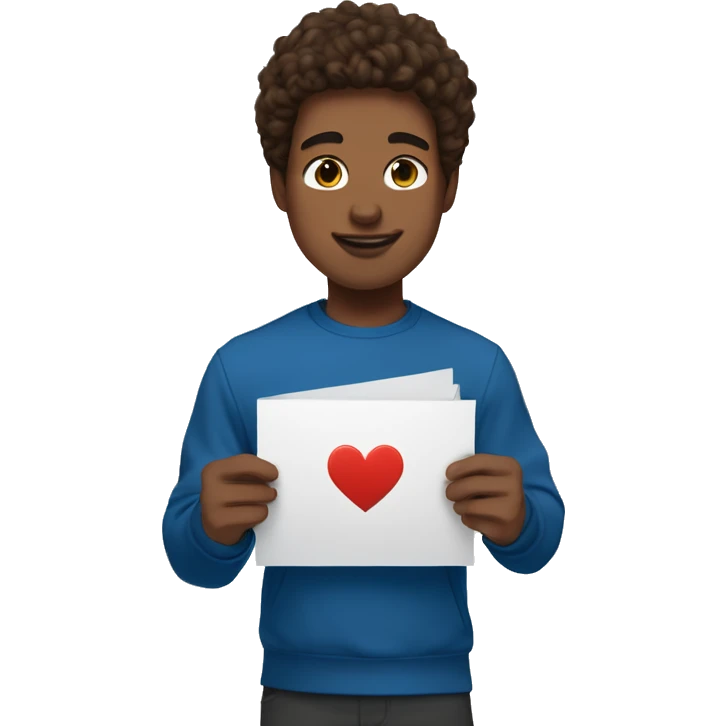 My boyfriend holding an I love you card, he's brunette with swooped hair and he's white and teenage with brown eyes and wearing a blue nike tech with medium doe eyes emoji