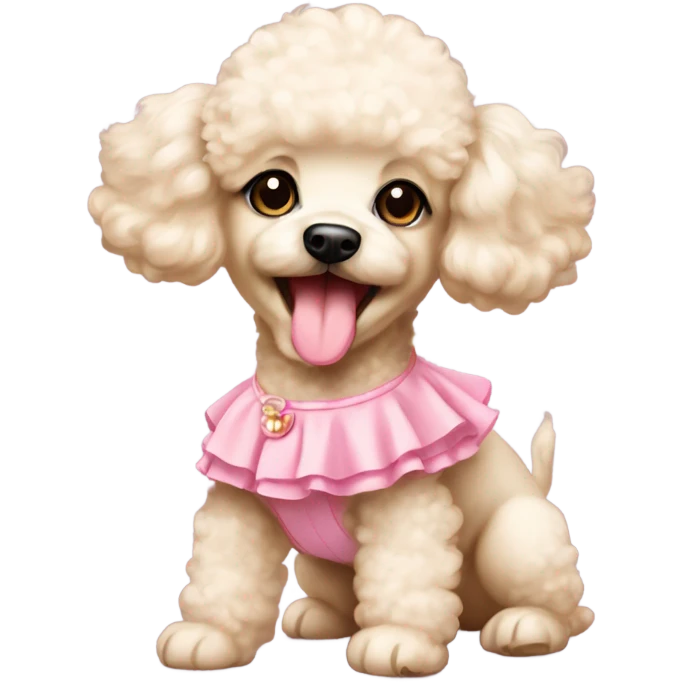 Cream colored baby poodle in pink dress sticking out tongue  emoji