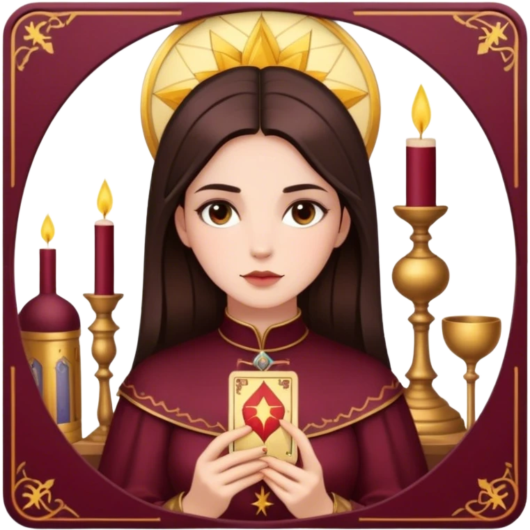 A brunette girl with a square hairstyle reading the Burgundy tarot emoji