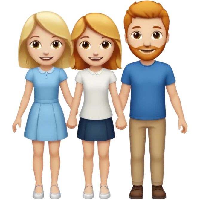 3 emojis holding hands, ginger white girl on the left, brunette white man in the middle, blonde white girl on the right emoji
