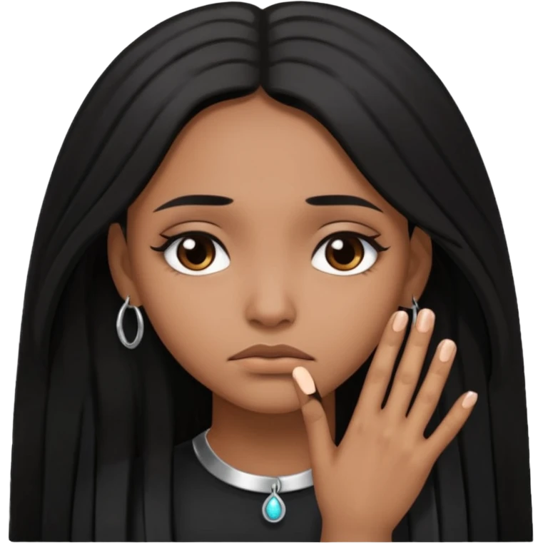 Brown girl long hair sad face and no jewelry just a ring on her hand  emoji
