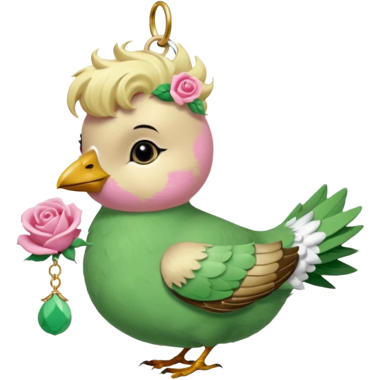 un oiseau classique vert avec un collier avec des breloque argentées et un poil blond qui fait une petite bouclette sur le front et à côté un oiseau rose avec le même collier mais en doré et un cheveu marron et les deux se regardent emoji