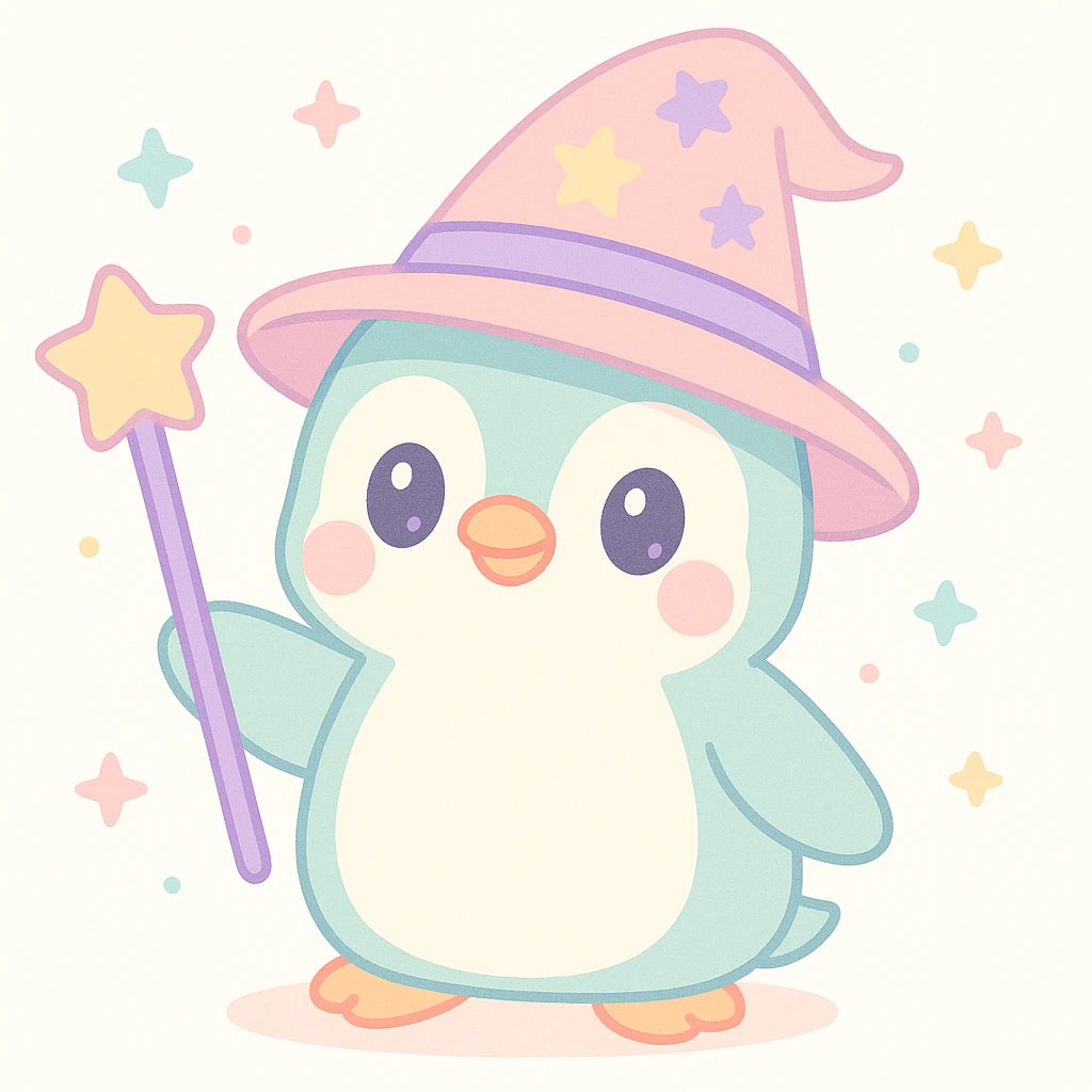 cute penguin wizard wearing a magical hat and holding a staff, fantasy style emoji