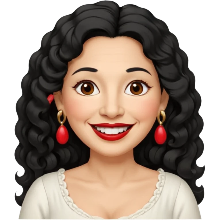 60 yr old peruvian woman, slightly chubby, wavy/curly long black hair, red lipstick, big smile, white teeth, brown eyes, hoop earings, side part to hair, round face, pretty white dress, hair side swept emoji