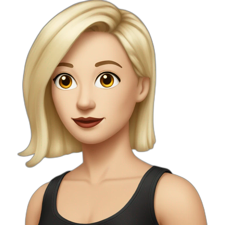 white woman in forties tattooed shaved brown hair left side very short blonde hair side eyes hazel nose trumpet in black tank top emoji