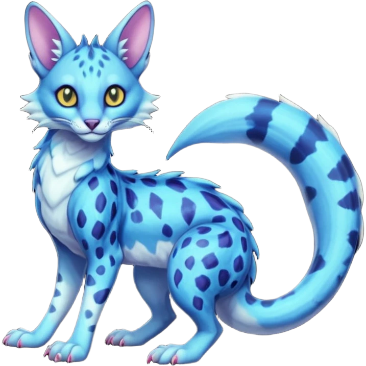 Flurry furry colorful bioluminescent translucent neon gloomy dusky scaly sergal-serval-possum-sphynx-Koi-sergal-fusion-animal-hybrid-creature with a snake-tail emoji
