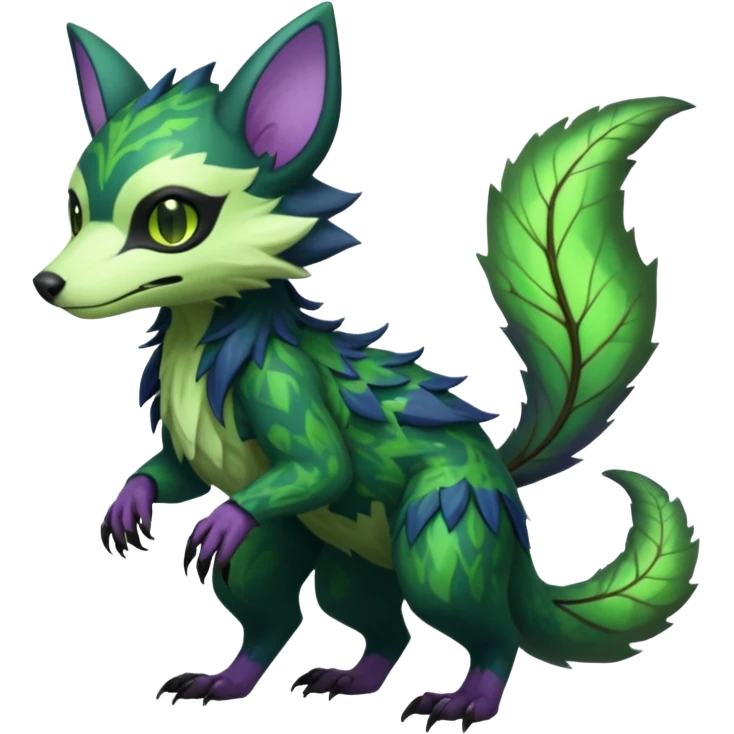 Realistic Sharp swampy mossy elemental ivy floral detailed Colorful translucent luminescent glowing Trico-Noibat-batty-Sergal-Furret-Ferret-Wolverine-Vernid-furry-fursona-fusion-Fakemon-animal-hybrid-creature, full body emoji