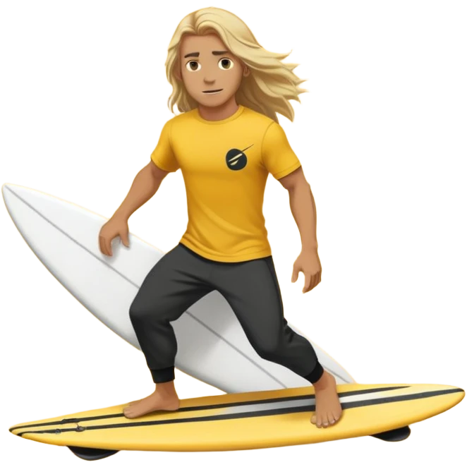 Man Surfer surfing with long blond hair, yellow t-shirt with black Nike logo in center of chest, black baggy sweatpants. On a yellow and white board emoji