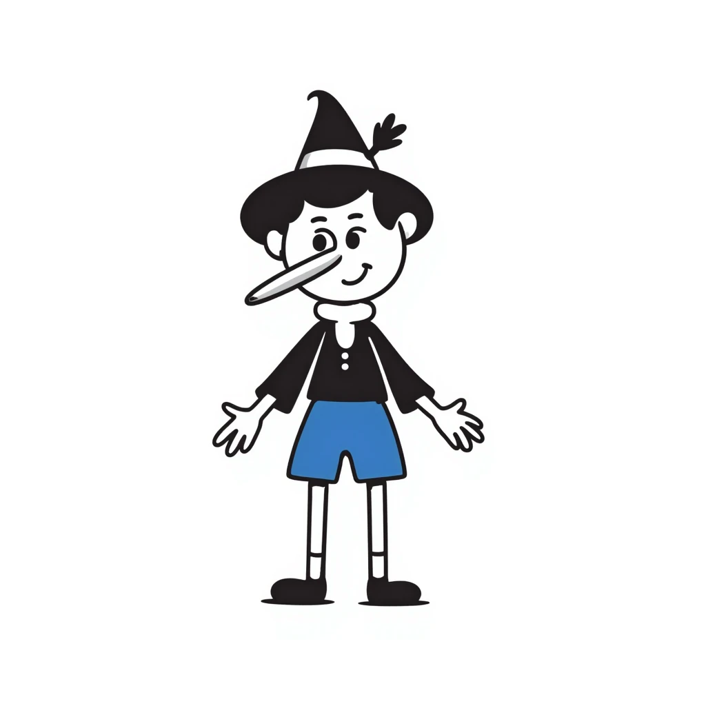 Hand-drawn Pinocchio puppet with a very long nose, wearing blue clothing and pointed hat emoji