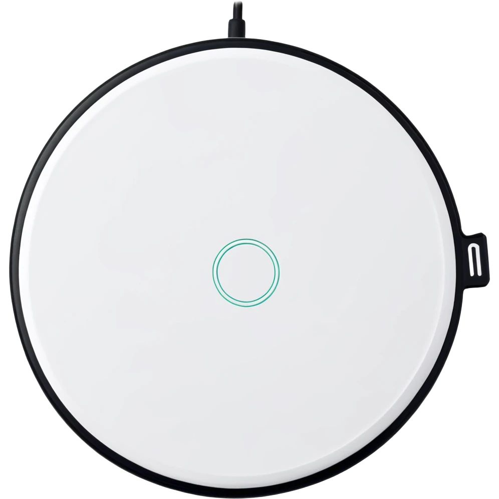 vibrant sticker-style logo on a wireless charging pad, bold and colorful branding gadget emoji