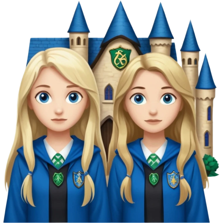 a pretty ravenclaw girl with long brown hair and blue eyes standing with a hot Slytherin girl with long blonde hair, blue eyes emoji