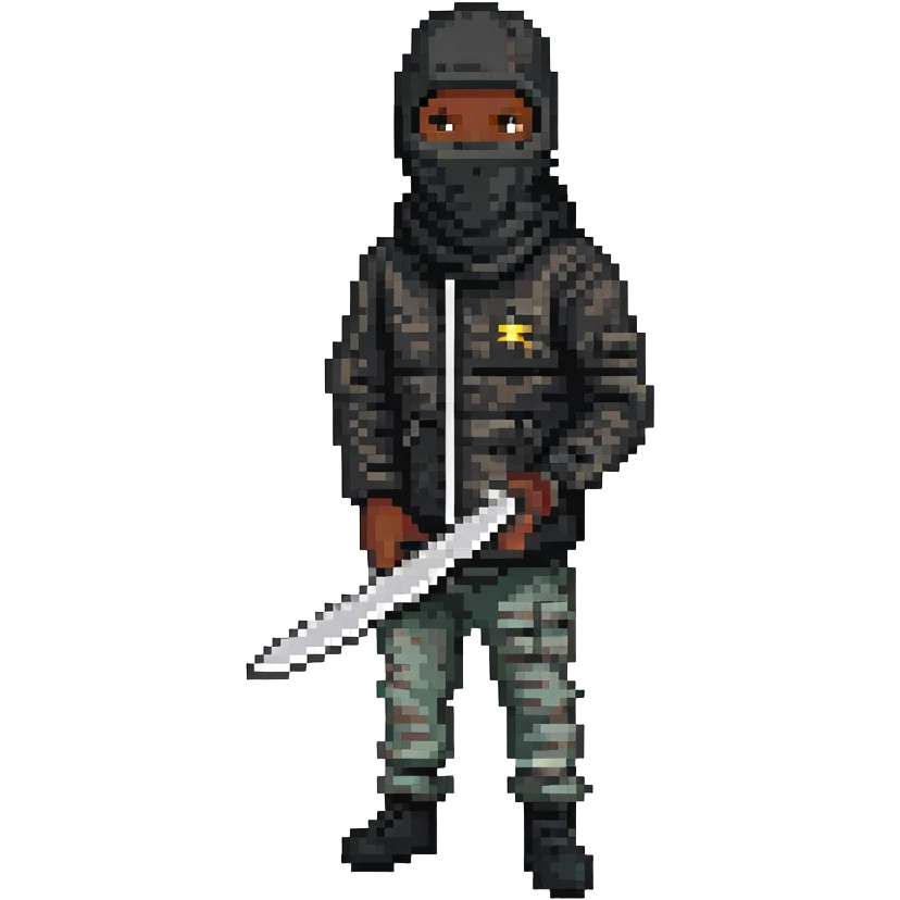 Black person with English appearance wearing a Trapstar balaclava, holding a black machete knife emoji
