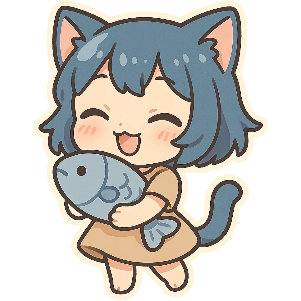 cute cat girl with short blue hair, holding a fish plushie, cheerful expression emoji