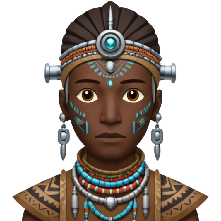 man,  tribal shaman cloth, half face robot emoji
