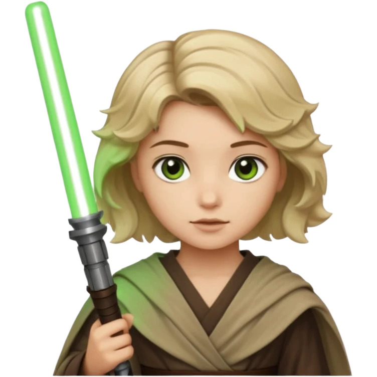 Young jedi with dark brown eyes and sandy blonde wavy short hair holding a green light saber.  emoji
