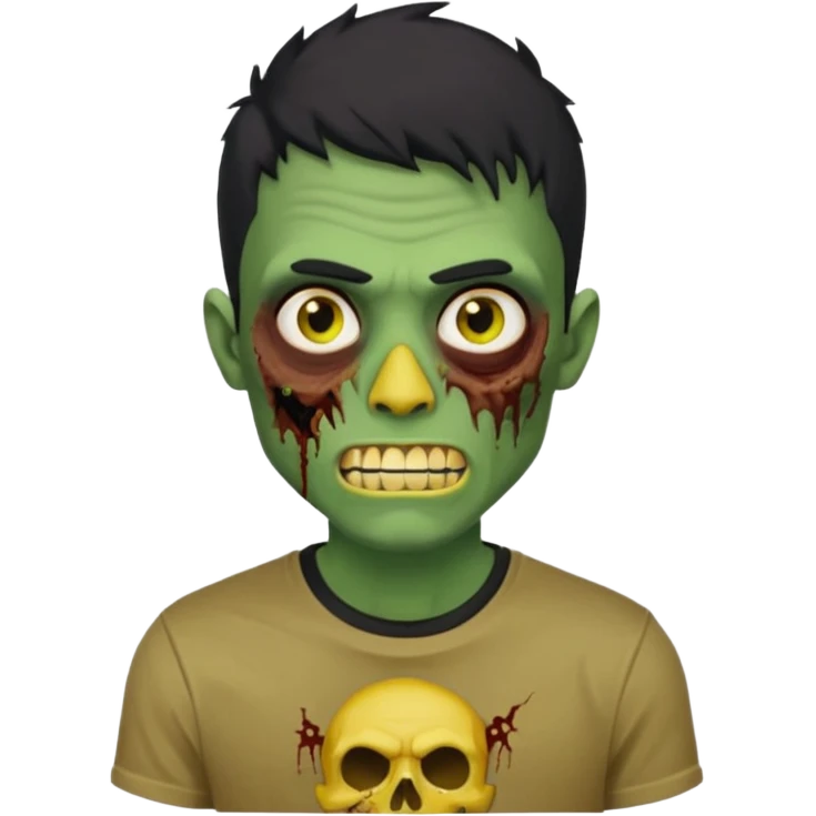 I want you to give me a zombie man and his skin its green who has golden teeth, yellow eyes, eyebrows and black hair, the hair I want to be a medium modcut cut and is wearing a brown affliction T-shirt and the style being like a memoji from iphone emoji