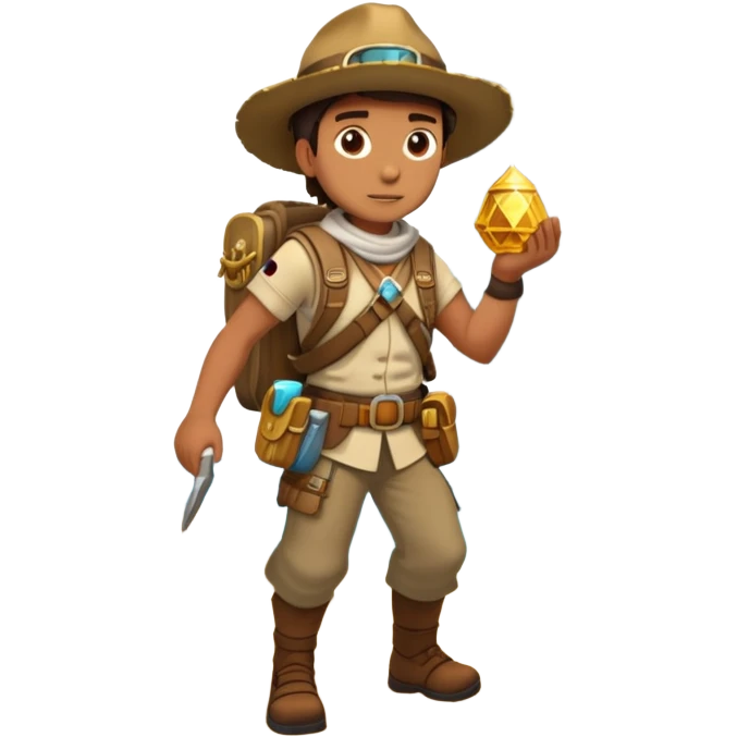 an adventure game, inspired by Uncharted-2. The design features a rugged explorer navigating through ancient ruins, with treasure and obstacles in the background. A dynamic environment with jungle, cliffs, and puzzles highlights the thrill of discovery and action. Transparent background. emoji