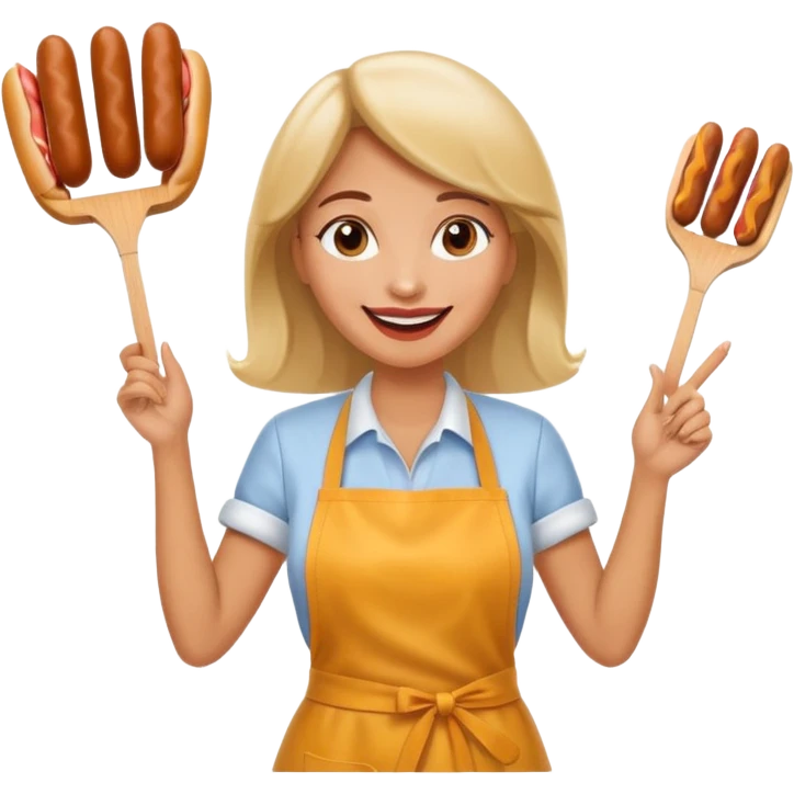 A cheerful woman selling hotdogs, waving a tongs in one hand. emoji
