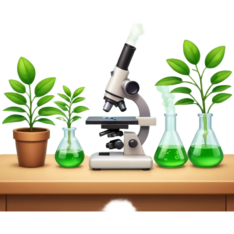 FA 3D cartoon science lab table with test tubes, microscope, and a small potted plant, green leaves under bright light, clean background, realistic Memoji-style rendering. emoji
