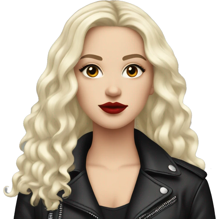 White girl, with long curly black hair, with red lipstick, black winged eyeliner, wearing black shirt and black leather jacket emoji