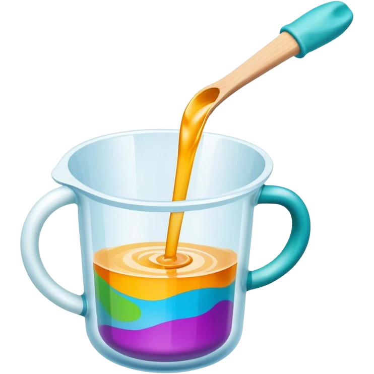 Epoxy resin icon, resin pouring over a surface, visible measuring cups, stirring sticks, and protective gloves, colorful patterns or designs forming as resin hardens, minimalistic style, clean lines, transparent background. emoji