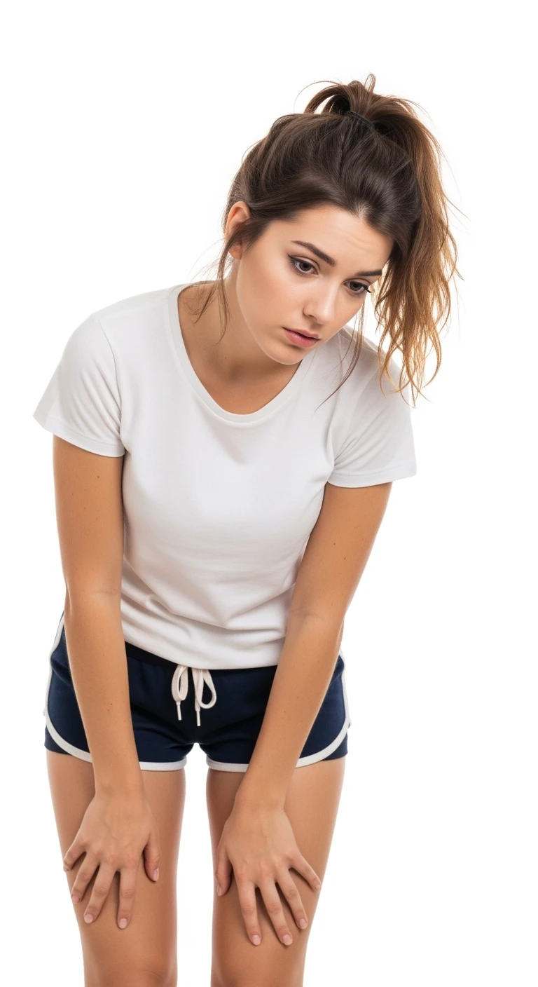 donna giovane con cellulite in gym short leggermente piegata in avanti, con espressione dispiaciuta in volto isolata su sfondo bianco emoji