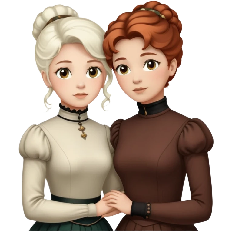 Two Victorian women with light eyes, one with white coiffed hair and one with dark copper coiffed hair, wearing Victorian turtleneck dresses with their arms tightly around each other emoji