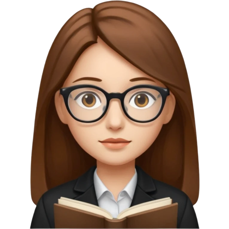 A girl with long brown hair and Thin reading glasses and black jacket  emoji