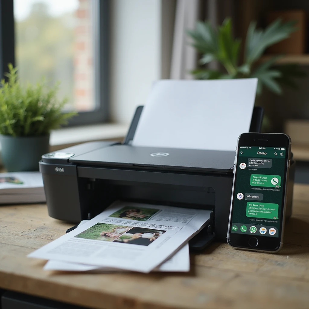 realistic thumbnail image for a WhatsApp print out service, featuring a printer outputting a mix of printed photos and documents, with a smartphone nearby showing WhatsApp chat bubbles and file icons for images and documents emoji