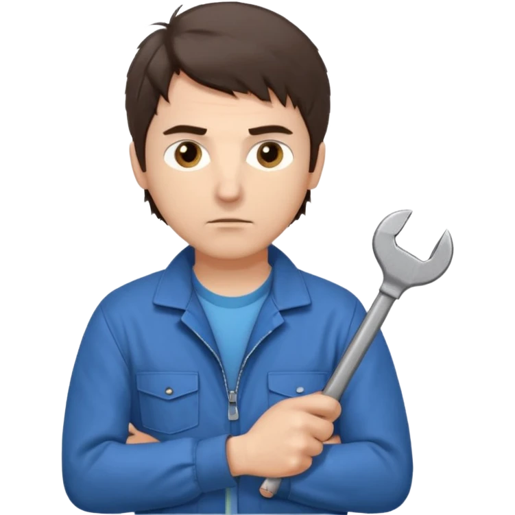 Calm and independent male technician, fair skin, short tousled dark brown hair, cool gray eyes, serious but composed expression, wearing a blue work jacket over a grey t-shirt, holding a wrench in one hand and a mechanical gear in the other, waist-up, front-facing emoji