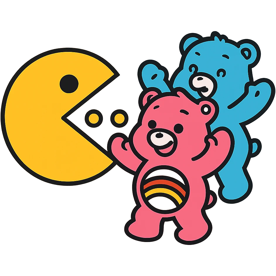 Pacman eating power pellets with Care Bears cheering, 80's arcade vibe emoji