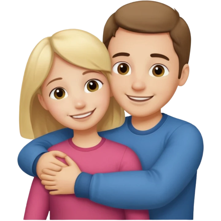 Un homme fait un câlin à sa sœur. Au dessus d’eux il y a le texte ´Gros câlin’ emoji