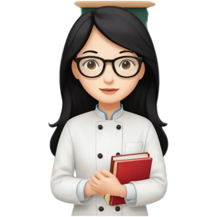 Profesora de pastelería, piel blanca con gafas y pelo negro largo y con una pizarra detrás y libros emoji